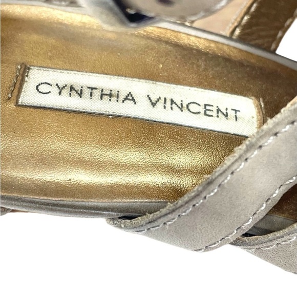 Cynthia Vincent Jett Wedge Leather Sandals 7.5 Buckle Heel Stones Cut Out - Picture 8 of 15